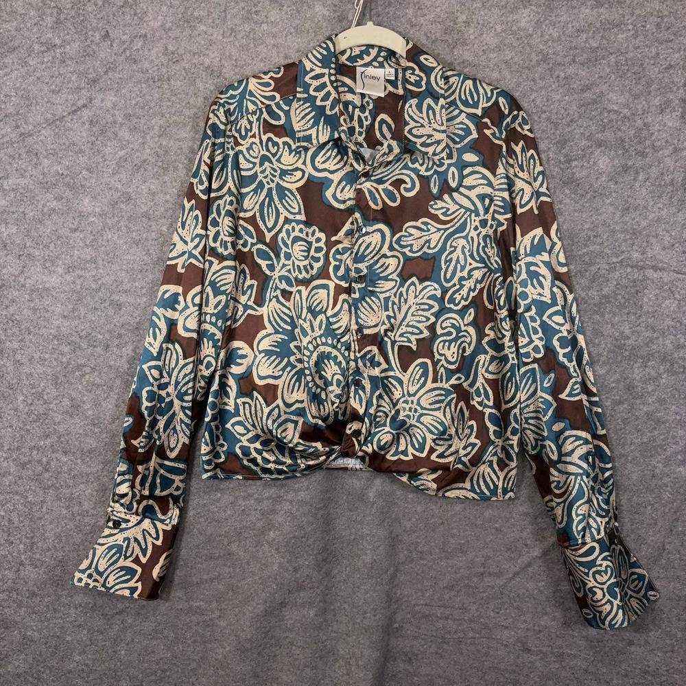 Finley Satin Blouse Womens Sz L Brown Blue Floral Twist Front French Cuffs - Picture 1 of 7